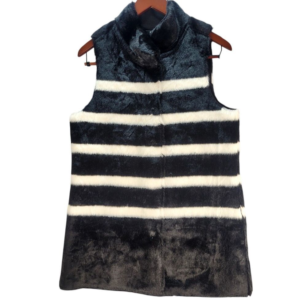Chico's Faux Fur Vest Black Label Black White Striped Snap‎ Sz 0 Mint! Orig $259